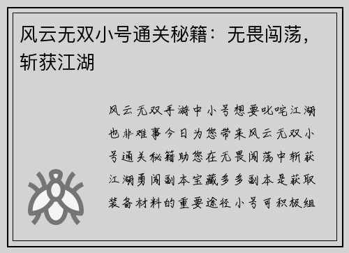 风云无双小号通关秘籍：无畏闯荡，斩获江湖